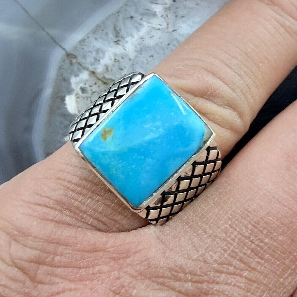 Native American Sterling Rectangle Kingman Turquoise Decorated Ring S 10 For Men
